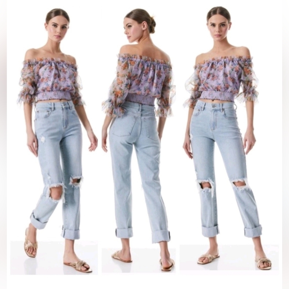 ALICE + OLIVIA Caprina Silk Puff Sleeve Off Shoulder Crop Top Size Small NWOT - Picture 3 of 15